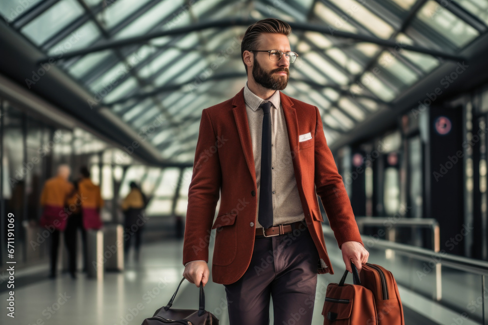 Handsome young man carries a suitcase in the airport Male businessman traveling by plane Handsome young man carries a suitcase in the airport Male businessman traveling by plane