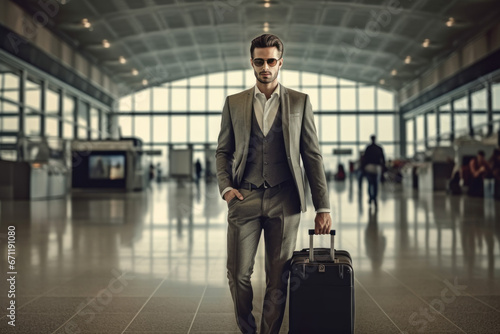 Handsome young man carries a suitcase in the airport Male businessman traveling by plane