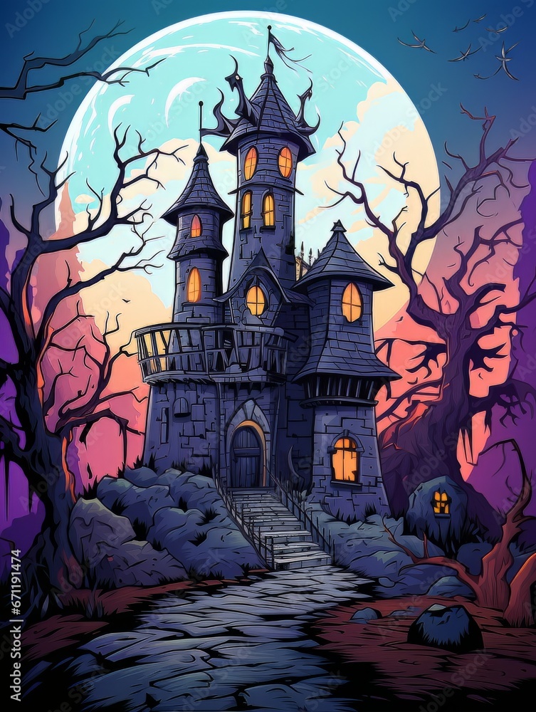 Cartoon haunted house on hill on night with full moon. AI Cartoon haunted house on hill on night with full moon. AI