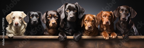 Group of dogs sitting against dark background