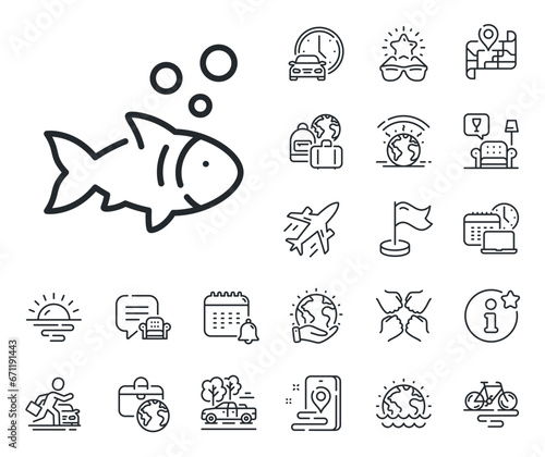 Fishing catch sign. Plane jet, travel map and baggage claim outline icons. Fish line icon. Fresh seafood symbol. Fish line sign. Car rental, taxi transport icon. Place location. Airport lounge. Vector
