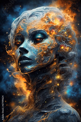 A digital art of a woman with fire and smoke