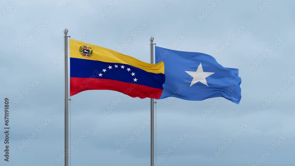 Somalia and Venezuela flag waving together on cloudy sky, endless seamless loop, two country cooperation concept Somalia and Venezuela flag waving together on cloudy sky, endless seamless loop, two country cooperation concept