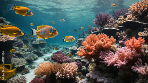 An underwater world with colorful coral reefs and exotic fish.