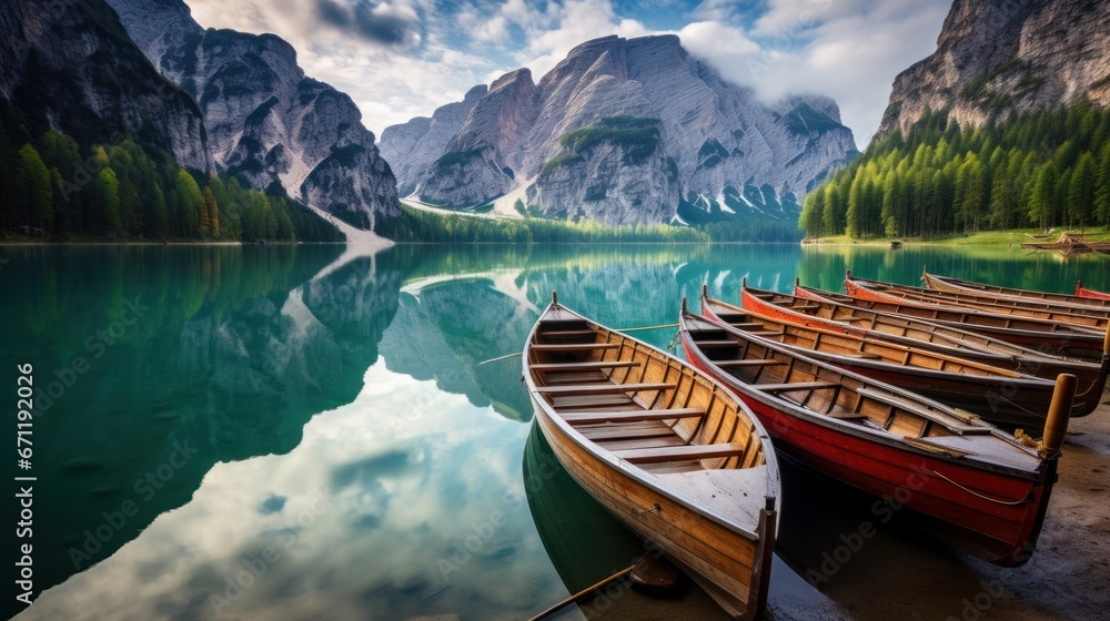 Boats peacefully drifting on the serene waters of Braies Lake, also known as Pragser Wildsee, nestled in the picturesque Dolomites mountains of Sudtirol, Italy