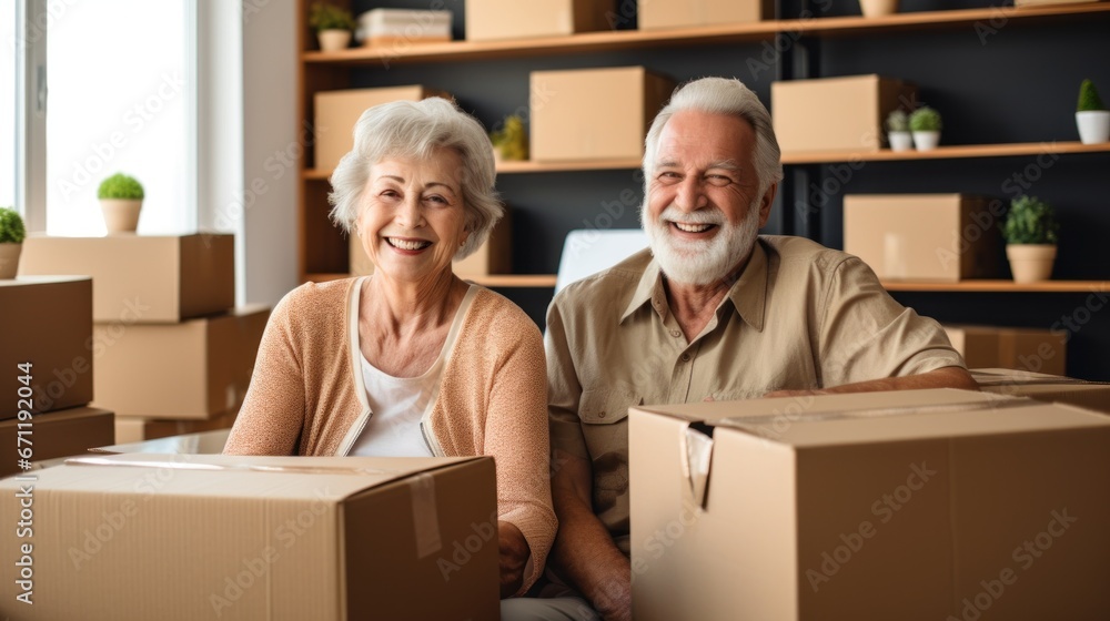 Happy retired couple moving from apartment to new house, packing and unpacking things into boxes for movers Happy retired couple moving from apartment to new house, packing and unpacking things into boxes for movers