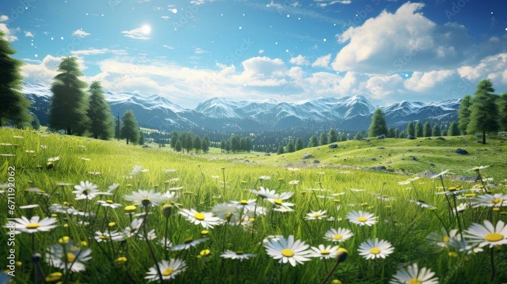 A picturesque expanse of vibrant green grass adorned with blooming daisies and dandelions, resembling a lush springtime lawn