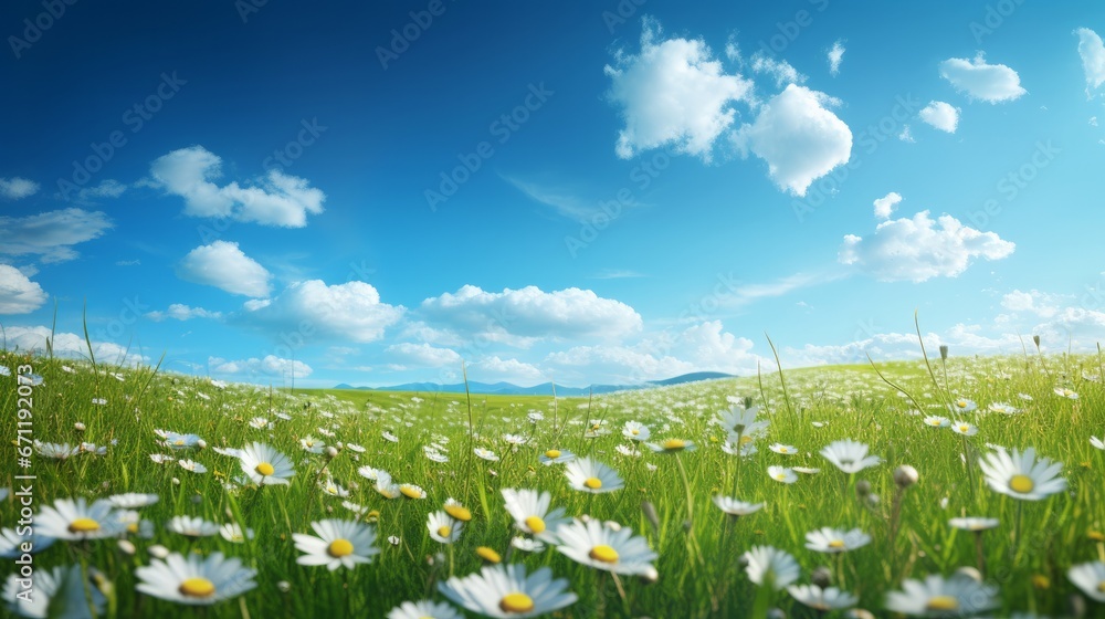 A picturesque expanse of vibrant green grass adorned with blooming daisies and dandelions, resembling a lush springtime lawn