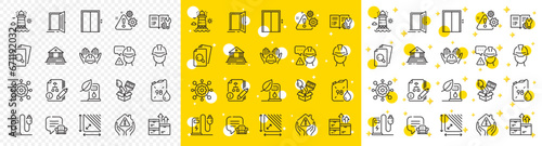 Outline Petrol station, Lounge place and House protection line icons pack for web with Builder warning, Brush, Charging station line icon. Petrol canister, Open door, Foreman pictogram icon. Vector