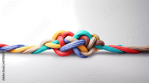 a group of multi colored ropes connected together with a knot on a gray background with a white background and a gray background