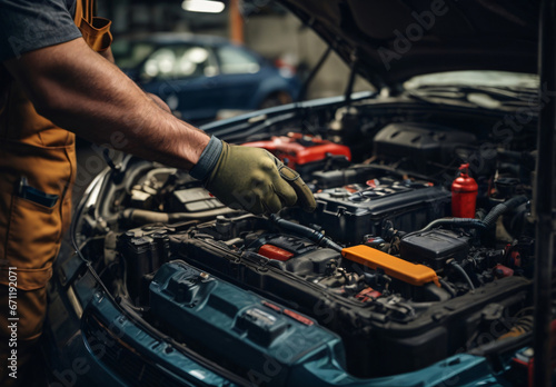 Technician Hands of car mechanic working repair in auto repair Service electric battery and Maintenance of car battery. Check the electrical system inside the car Generative AI