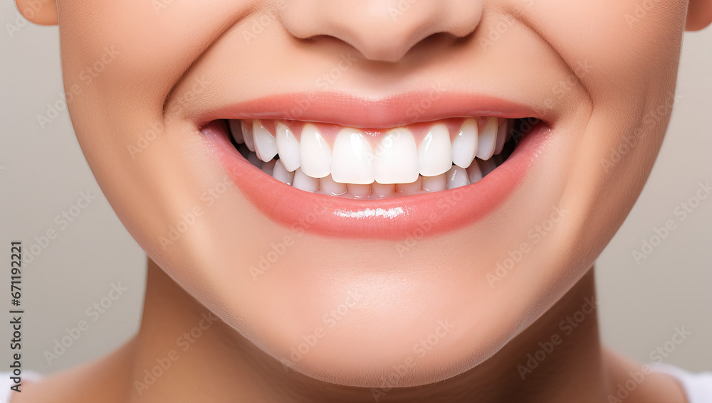 Obraz premium Close up of smiling woman with healthy teeth. Dentistry concept.
