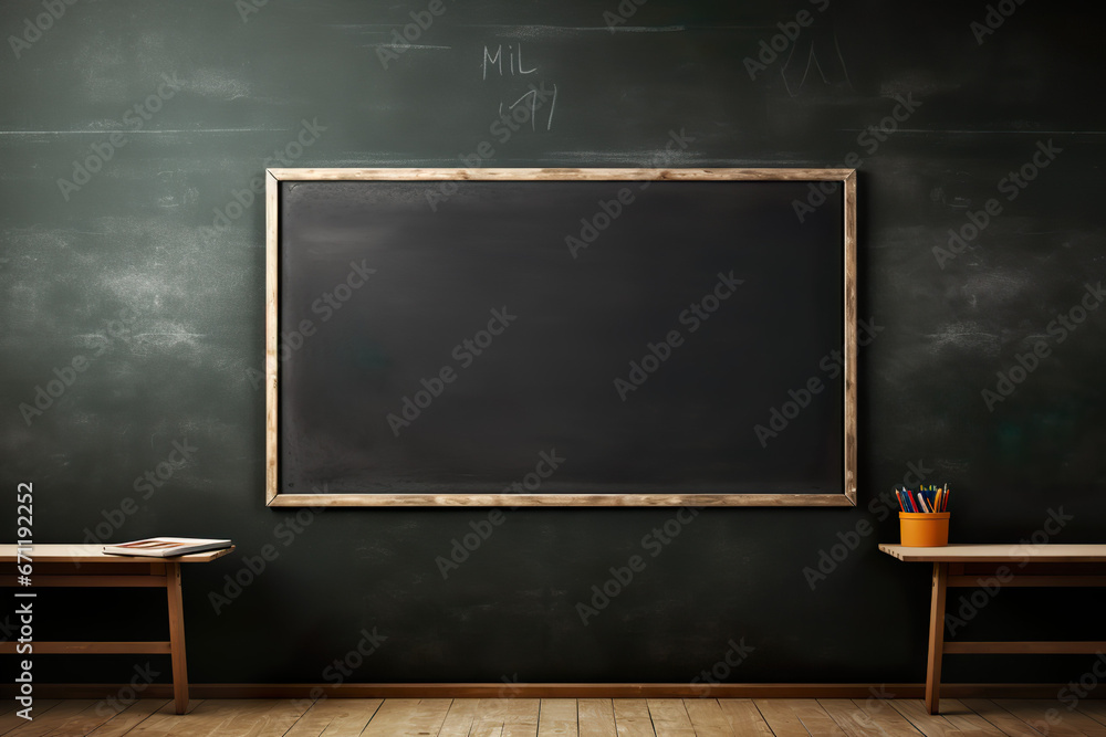 Large empty blank blackboard in an school classroom  - obrazy, fototapety, plakaty 