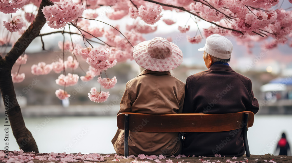 beautiful elderly couple is resting on bench in spring park admiring lake and cherry blossoms. Postcards for congratulations on Valentine's Day. Concept of senior community , longevity of active life beautiful elderly couple is resting on bench in spring park admiring lake and cherry blossoms. Postcards for congratulations on Valentine's Day. Concept of senior community , longevity of active life