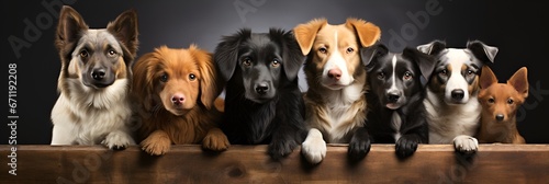 Group of dogs sitting against black background © AliceandAlan