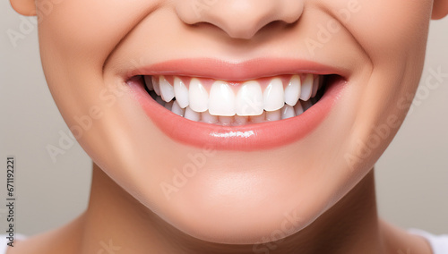 Close up of smiling woman with healthy teeth. Dentistry concept.