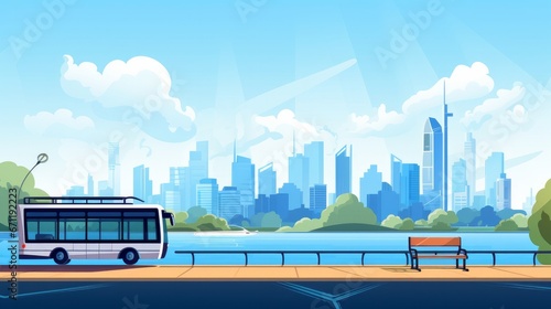 A vector illustration depicting a bus stop with the city skyline and a river featuring a boat in the background. This artwork is created in a flat design style