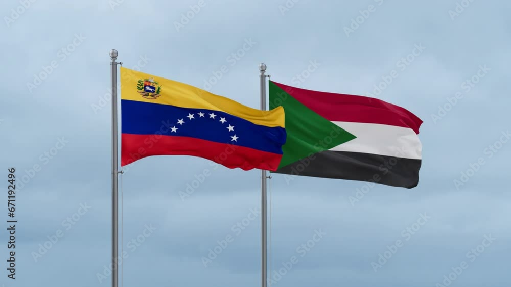 Sudan and Venezuela flag waving together on cloudy sky, endless seamless loop, two country cooperation concept Sudan and Venezuela flag waving together on cloudy sky, endless seamless loop, two country cooperation concept