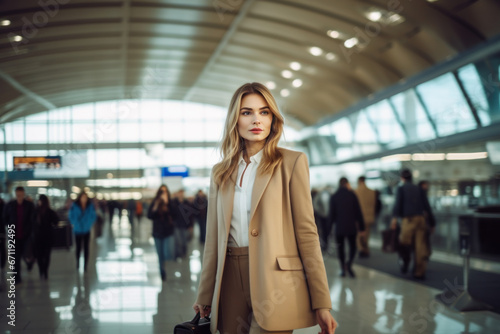 Portrait of young female traveler holding a suitcase in the airport. Business woman traveling by plane