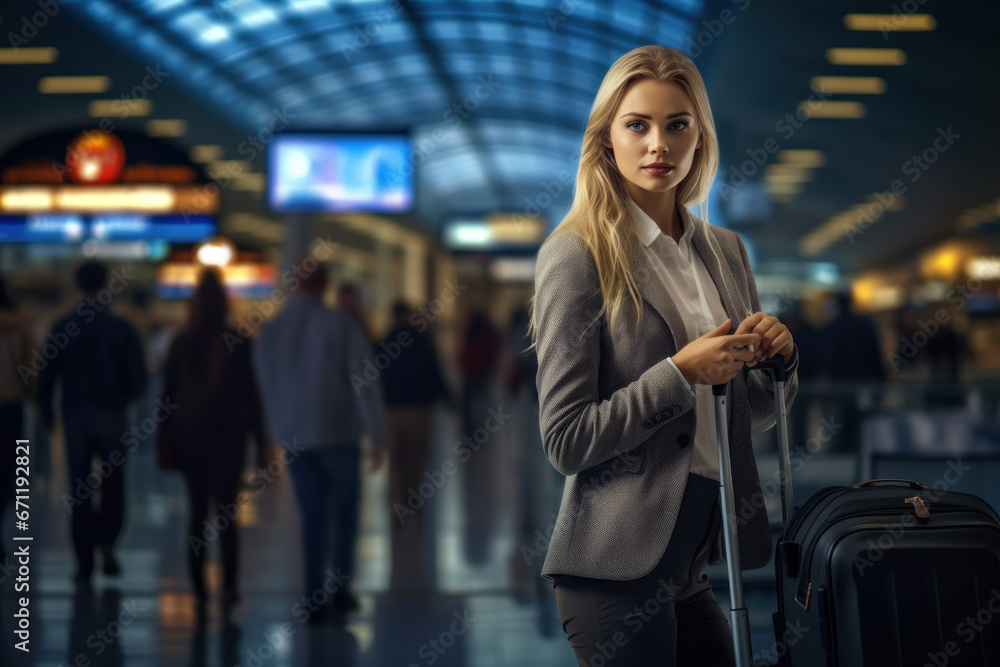 Portrait of young female traveler holding a suitcase in the airport. Business woman traveling by plane Portrait of young female traveler holding a suitcase in the airport. Business woman traveling by plane