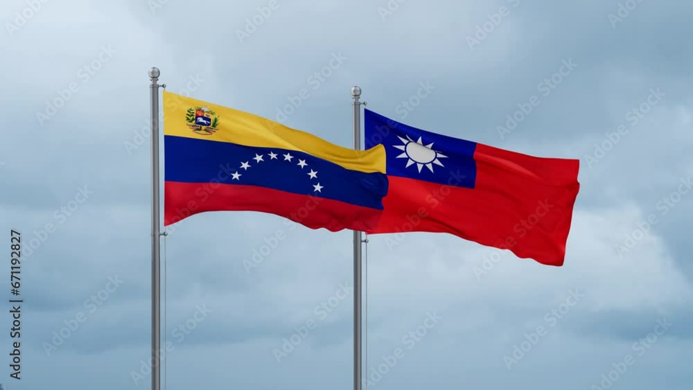 Taiwan and Venezuela flag waving together on cloudy sky, endless seamless loop, two country cooperation concept Taiwan and Venezuela flag waving together on cloudy sky, endless seamless loop, two country cooperation concept