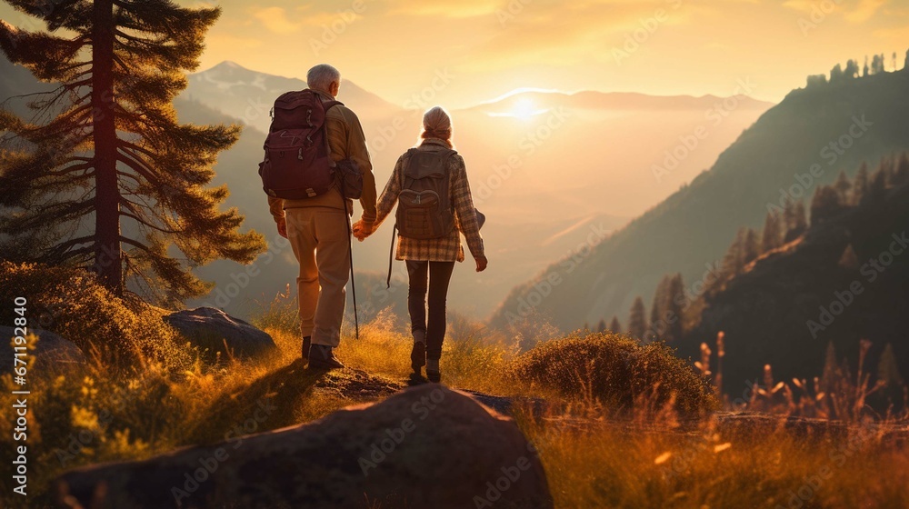A senior tourist couple with backpacks hiking in nature at sunset, holding hands. - obrazy, fototapety, plakaty 