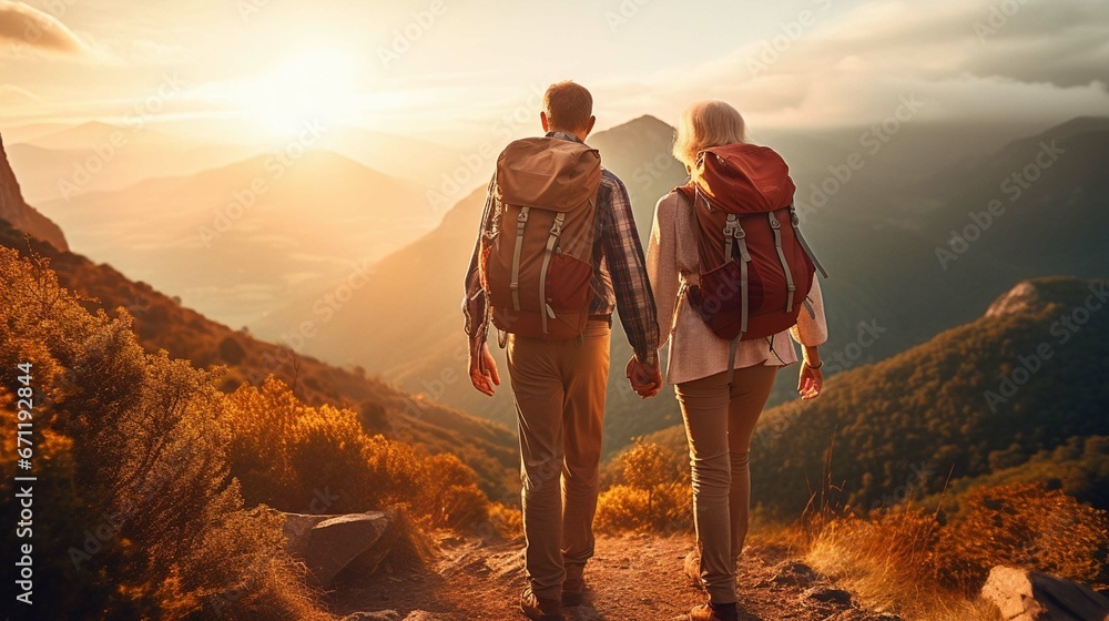 A senior tourist couple with backpacks hiking in nature at sunset, holding hands.