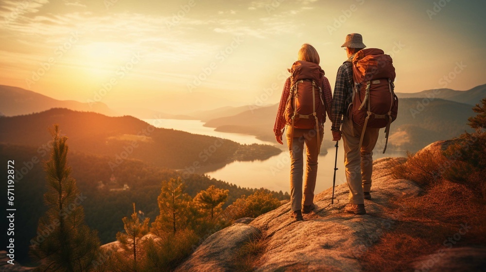A senior tourist couple with backpacks hiking in nature at sunset, holding hands.
