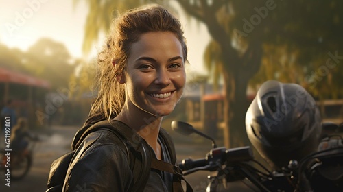 a female biker smiling for the camera in a public park