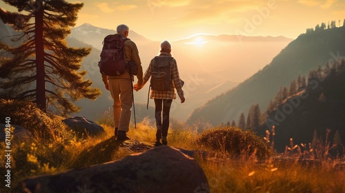 A senior tourist couple with backpacks hiking in nature at sunset, holding hands. photo