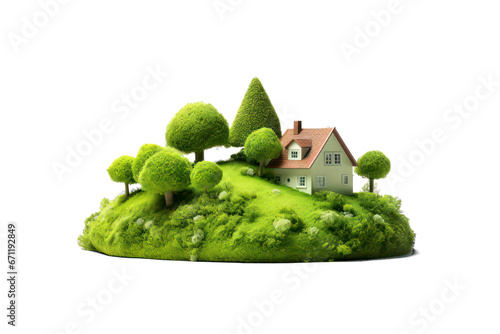 green hill with house and tree on transparent background, png file
