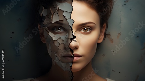 Split personality with two faces. Bipolar disorder as woman with rapid emotions, mood and feelings change. Psychological problems, like schizophrenia, depression and anxiety. photo