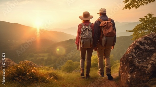 A senior tourist couple with backpacks hiking in nature at sunset, holding hands.