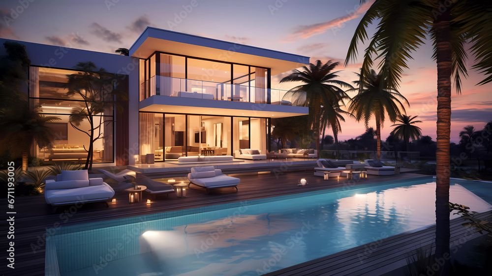 a modern house with a pool and lounge area at dusk time with palm trees and a pool in the foreground