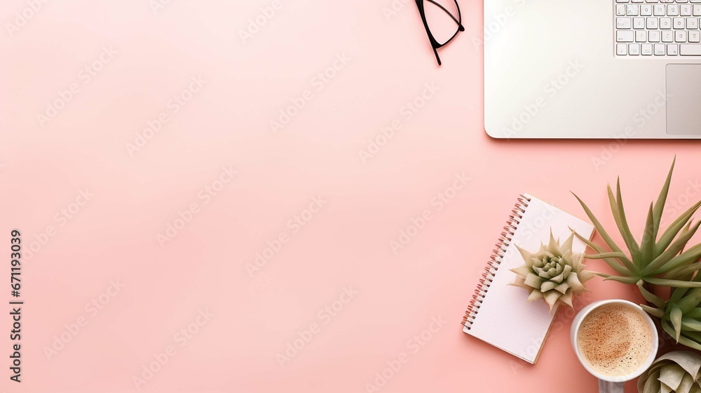hero image or banner with a laptop computer, smartphone, air plant, open notebook, and feminine accessories on a bright blush background, home office scene - obrazy, fototapety, plakaty 