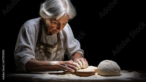 Elderly lady making dough to bake bread, pies and pastries. Made with love. Traditional cuisine.