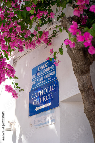 Church sign indication in Paros, Greece photo