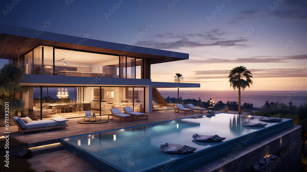 Fototapeta premium a modern house with a pool and lounge chairs at dusk time