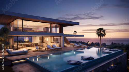 a modern house with a pool and lounge chairs at dusk time
