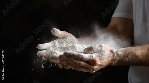 Hands of a male cook working with flour  preparing to make fresh dough for baking. Traditional cuisine.