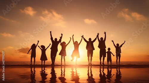 Silhouette Happy family people group celebrate jump for a good life on weekend concept for win the victory, person faith in financial freedom healthy wellness photo