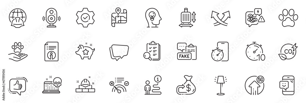 Icons pack as Cashback, Intersection arrows and Inspect line icons for app include Smile, Support, Speech bubble outline thin icon web set. Technical info, Dog paw, Fake document pictogram. Vector