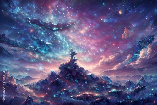 A landscape of mountains with stars and clouds