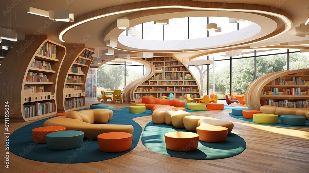 A modern library with a dynamic children's section, vibrant reading ...
