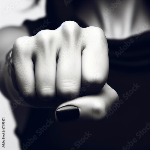Black fist by woman hand closeup over white background copy space. ai generative © Igor