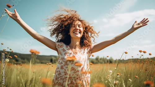 Smiling young woman in summer dress enjoying the freedom in the blooming field. Carefree girl with spread arms dancing in the summer meadow.