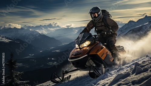 Man riding snowmobile in mountainous landscape
