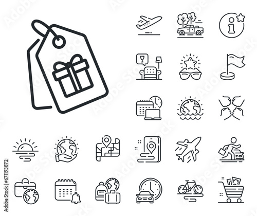 Present box or Sale sign. Plane jet, travel map and baggage claim outline icons. Coupons with Gifts line icon. Birthday Shopping symbol. Package in Gift Wrap. Coupons line sign. Vector