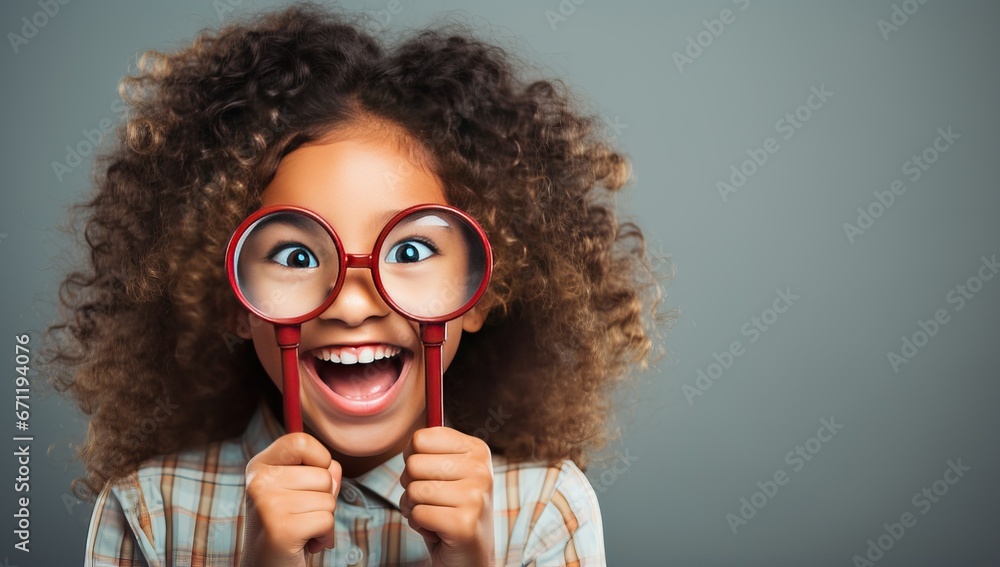 Funny african american little girl with long curly hair and red glasses Funny african american little girl with long curly hair and red glasses