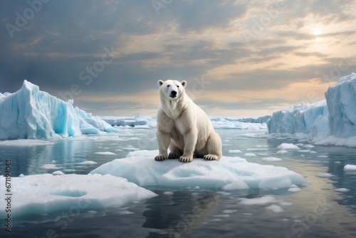 White polar bear sitting on melting ice floe glacier at arctic sea, Global Warming situation. ai generative
